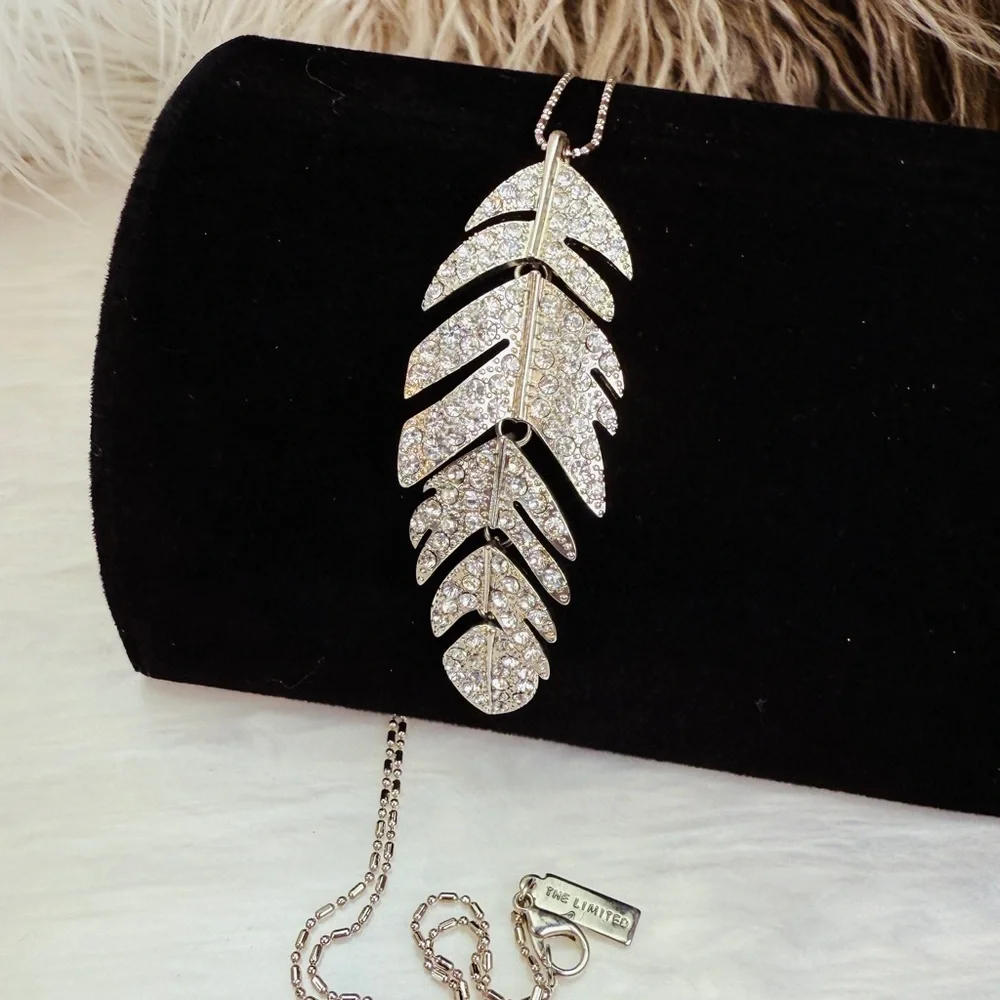 Silvertone Hinged Bling Leaf Pendant Long Necklace